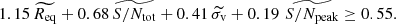 Mathematical equation: $$ \begin{aligned} 1.15 \, \widetilde{R_{\rm eq}} + 0.68 \, \widetilde{S/N_{\rm tot}} + 0.41 \, \widetilde{\sigma _{\rm v}} + 0.19 \, \, \widetilde{S/N_{\rm peak}} \ge 0.55 .\end{aligned} $$