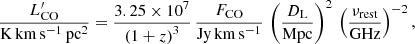 Mathematical equation: $$ \begin{aligned} \frac{L_{\rm CO}^{\prime }}{\mathrm{K\,km}\,\mathrm{s}^{-1}\,\mathrm{pc}^2} = \frac{3.25 \times 10^7}{\left(1+z\right)^3} \, \frac{F_{\rm CO}}{\mathrm{Jy\,km}\,\mathrm{s}^{-1}} \, \left(\frac{D_{\rm L}}{\mathrm{Mpc}}\right)^2 \, \left(\frac{\nu _{\rm rest}}{\mathrm{GHz}}\right)^{-2}, \end{aligned} $$