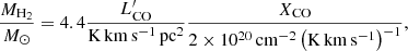 Mathematical equation: $$ \begin{aligned} \frac{M_{\mathrm{H}_2}}{M_{\odot }} = 4.4\frac{L_{\rm CO}^{\prime }}{\mathrm{K\,km}\,\mathrm{s}^{-1}\,\mathrm{pc}^2}\frac{X_{\rm CO}}{2\times 10^{20}\,\mathrm{cm}^{-2}\left(\mathrm{K\,km}\,\mathrm{s}^{-1}\right)^{-1}}, \end{aligned} $$