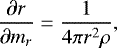 \begin{equation*} \frac{\partial r}{\partial m_r} = \frac{1}{4 \pi r^2 \rho}, \end{equation*}