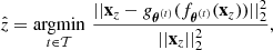 Mathematical equation: $$ \begin{aligned} \hat{z} = \mathop {\mathrm{argmin}}\limits _{t\in \mathcal{T} }\, \frac{|| \mathbf{x }_z - { g}_{\boldsymbol{\theta }^{(t)}}(f_{\boldsymbol{\theta }^{(t)}}(\mathbf{x }_z)) ||_2^2}{|| \mathbf{x }_z ||_2^2}, \end{aligned} $$