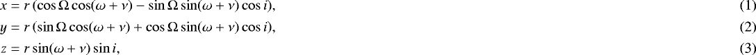 Mathematical equation: \begin{align}x &= r\left(\cos\Omega \cos (\omega + \nu) - \sin \Omega \sin (\omega + \nu) \cos i \right)\!, \\[1pt] y &= r\left(\sin\Omega \cos (\omega + \nu) + \cos \Omega \sin (\omega + \nu) \cos i \right)\!, \\[1pt] z &= r \sin(\omega + \nu)\sin i, \end{align}