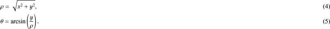 Mathematical equation: \begin{align}&\rho = \sqrt{x^2 + y^2}, \\ &\theta = \textrm{arcsin} \left(\frac{y}{\rho}\right). \end{align}