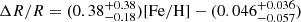 $ \Delta R/ R = (0.38^{+0.38}_{-0.18}) {\mathrm{[Fe/H]}} - (0.046^{+0.036}_{-0.057}) $