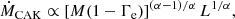 $$ \begin{aligned} \dot{M}_{\rm CAK} \propto \left[M(1-\Gamma _{\rm e})\right]^{(\alpha -1)/\alpha }L^{1/\alpha },\end{aligned} $$