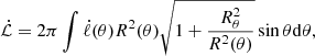 $$ \begin{aligned} \dot{\mathcal{L} } = 2 \pi \int \dot{\ell }(\theta ) R^2(\theta ) \sqrt{1+\frac{R^2_{\theta }}{R^2({\theta )}}}\sin \theta \mathrm{d}\theta , \end{aligned} $$