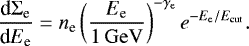 Mathematical equation: \begin{equation*}\frac{{\text{d}} \Sigma_{{\text{e}}}}{{\text{d}} E_{{\text{e}}}} = n_{\text{e}} \left(\frac{E_{\text{e}}}{{1}\,\mathrm{GeV}}\right)^{-\gamma_{\text{e}}} e^{- E_{\text{e}} / E_{{\text{cut}}}}. \end{equation*}