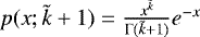 Mathematical equation: $p(x; \tilde{k} + 1) = \frac{x^{\tilde{k}}}{\Gamma (\tilde{k} + 1)}e^{-x}$