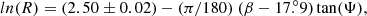 $$ \begin{aligned} ln(R) = (2.50 \pm 0.02 ) - (\pi /180) \ (\beta - 17.\!\!^{\circ }9) \tan (\Psi ) , \end{aligned} $$