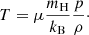 Mathematical equation: $$ \begin{aligned} T = \mu \frac{m_{\rm H}}{k_{\rm B}}\frac{p}{\rho }\cdot \nonumber \end{aligned} $$