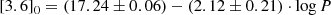 $$ \begin{aligned} {[}3.6{]}_0 = (17.24\pm 0.06) - (2.12\pm 0.21) \cdot \log {P} \end{aligned} $$