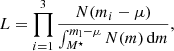 Mathematical equation: $$ \begin{aligned} {L} = \mathop \prod \limits _{i = 1}^3 \frac{{N}(m_{i} - \mu )}{\int _{M^\star }^{m_{\rm l}- \mu } {N}(m)\,\mathrm{d}m},\end{aligned} $$