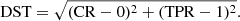 $$ \begin{aligned}&\mathrm{DST}={\sqrt{(\mathrm{CR}-0)^2 + (\mathrm{TPR} -1)^2}}. \end{aligned} $$