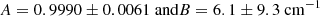 $$ \begin{aligned} A=0.9990\pm 0.0061 \text{ and} B=6.1\pm 9.3~\mathrm{cm}^{-1} \end{aligned} $$