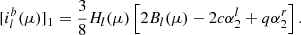 $$ \begin{aligned}{[i_l^b(\mu )]_1} = \frac{3}{8}{H_l}(\mu )\left[ {2{B_l}(\mu ) - 2c\alpha _2^l + q\alpha _2^r} \right]. \end{aligned} $$