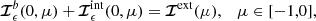 $$ \begin{aligned} {\boldsymbol{\mathcal{I} }}^{b}_\epsilon (0,\mu ) + {\boldsymbol{\mathcal{I} }}^\mathrm{int}_\epsilon (0,\mu )= {\boldsymbol{\mathcal{I} }}^\mathrm{ext}(\mu ), \quad \mu \in [-1,0], \end{aligned} $$