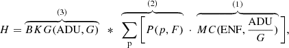 $$ \begin{aligned} H = \overbrace{BKG({\mathrm{ADU} },G)}^{(3)}\;\;*\;\;\overbrace{\mathop {\sum }\limits _{\rm p} \bigg [P(p, F)}^{(2)}\;\cdot \;\overbrace{MC({\mathrm{ENF} }, \frac{{\mathrm{ADU} }}{G})}^{(1)}\bigg ], \end{aligned} $$