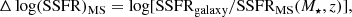 $$ \begin{aligned} \Delta \log (\mathrm{SSFR})_{\rm MS}=\log [\mathrm{SSFR}_{\rm galaxy}/\mathrm{SSFR}_{\rm MS}(M_\star ,z)] ,\end{aligned} $$