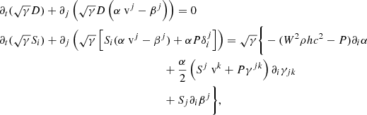 Mathematical equation: $$ \begin{aligned}&\partial _t(\sqrt{\gamma }D) +\partial _j\left(\sqrt{\gamma }D\left(\alpha \text{ v}^j-\beta ^j\right)\right) = 0\nonumber \\&\partial _t(\sqrt{\gamma }S_i) + \partial _j\left(\sqrt{\gamma }\left[S_i(\alpha \text{ v}^j-\beta ^j)+\alpha P\delta _i^j\right]\right) = \sqrt{\gamma }\bigg \{-(W^2\rho hc^2-P)\partial _i\alpha \nonumber \\&\qquad \qquad \qquad \qquad \qquad \qquad \qquad \qquad \qquad + \frac{\alpha }{2}\left(S^j\text{ v}^k+P\gamma ^{jk}\right)\partial _i\gamma _{jk} \nonumber \\&\qquad \qquad \qquad \qquad \qquad \qquad \qquad \qquad \qquad + S_j\partial _i\beta ^j \bigg \}, \end{aligned} $$