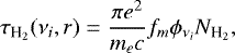 \begin{equation*} \tau_{\textrm{H}_2}(\nu_i,r) = \frac{\pi e^2}{m_e c} f_{m} \phi_{\nu_i} N_{\textrm{H}_2},\end{equation*}