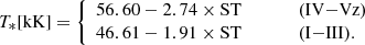$$ \begin{aligned} T _*[\mathrm{kK} ] =\left\{ \begin{array}{l} 56.60 -2.74 \times \mathrm {ST} \qquad \qquad (\mathrm{IV{-}Vz})\\ 46.61 - 1.91 \times \mathrm {ST} \qquad \qquad (\mathrm{I{-}III}).\\ \end{array} \right. \end{aligned} $$