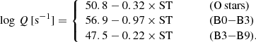 $$ \begin{aligned} \log \,Q \,[\mathrm {s}^{-1}]=\left\{ \begin{array}{l} 50.8 - 0.32\times \mathrm {ST} \qquad \qquad (\mathrm{O\,stars})\\ 56.9-0.97 \times \mathrm {ST} \qquad \qquad (\mathrm{B0{-}B3})\\ 47.5 - 0.22\times \mathrm {ST} \qquad \qquad (\mathrm{B3{-}B9}).\\ \end{array} \right. \end{aligned} $$