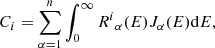 $$ \begin{aligned} C_i = \mathop \sum \limits _{\alpha = 1}^{n} \int _{0}^\infty R{^i}_\alpha (E) J_\alpha (E) \mathrm{d}E ,\end{aligned} $$
