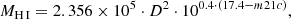 Mathematical equation: $$ \begin{aligned} M_{{\text{H}}\,{\textsc{I}}}=2.356 \times 10^5 \cdot D^2 \cdot 10^{0.4 \cdot (17.4-m21c)}, \end{aligned} $$