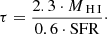 Mathematical equation: $$ \begin{aligned} \tau =\dfrac{2.3 \cdot M_{{\text{H}}\,{\textsc{I}}}}{0.6 \cdot \mathrm{SFR}}\cdot \end{aligned} $$