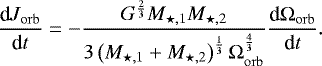 Mathematical equation: \begin{equation*} \frac{\textrm{d}J_{\mathrm{orb}}}{\textrm{d}t} = - \frac{ G^{\frac{2}{3}} M_{\star,1} M_{\star,2} }{ 3 \left(M_{\star,1} + M_{\star,2} \right)^{\frac{1}{3}} \Omega_{\mathrm{orb}}^{\frac{4}{3}} } \frac{\textrm{d} \Omega_{\mathrm{orb}}}{\textrm{d}t}. \end{equation*}
