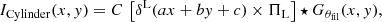 Mathematical equation: $$ \begin{aligned} I_{\rm Cylinder}(x, { y}) = C\,\left[\delta ^\mathrm{L}(ax+b{ y}+c)\times \Pi _{\rm L}\right] \star G_{\theta _{\mathrm{fil}}}(x,{ y}), \end{aligned} $$