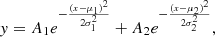 Mathematical equation: $$ \begin{aligned} { y} = A_1e^{-\frac{(x-\mu _1)^2}{2\sigma _1^2}} + A_2e^{-\frac{(x-\mu _2)^2}{2\sigma _2^2}}, \end{aligned} $$