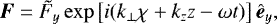 Mathematical equation: \begin{equation*} \bm{F} = \tilde{F}_y \exp\left[i (k_{\perp} \chi + k_zz-\omega t)\right] \hat{\bm{e}}_y,\end{equation*}
