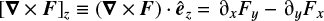 Mathematical equation: $[\bm{\nabla}\times\bm{F}]_z \equiv (\bm{\nabla}\times\bm{F})\cdot\hat{\bm{e}}_z = {\uppartial_x F_y} - {\uppartial_y F_x}$