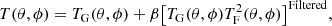 Mathematical equation: $$ \begin{aligned} T(\theta ,\phi ){\rm{ }} = {T_{\rm{G}}}(\theta ,\phi ) + \beta {\left[ {{T_{\rm{G}}}(\theta ,\phi )T_{\rm{F}}^2(\theta ,\phi )} \right]^{{\rm{Filtered}}}}, \end{aligned} $$