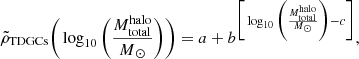 Mathematical equation: $$ \begin{aligned} \tilde{\rho }_{\rm {TDGCs}} \bigg ( \log _{10} \bigg ( \frac{M_{\rm {total}}^{\mathrm{halo} }}{{M}{_{\odot }}} \bigg ) \bigg ) = a + b ^{\bigg [ \log _{10} \bigg ( \frac{M_{\rm {total}}^{\mathrm{halo} }}{{M}{_{\odot }}} \bigg ) - c \bigg ]}, \end{aligned} $$