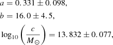 Mathematical equation: $$ \begin{aligned}&a = 0.331 \pm 0.098, \\&b = 16.0 \pm 4.5, \\&\log _{10} \bigg ( \frac{c}{{M}{_{\odot }}} \bigg ) = 13.832 \pm 0.077, \end{aligned} $$