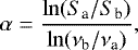 Mathematical equation: \begin{equation*} \alpha = \frac{\ln (S_{\textrm{a}}/S_{\textrm{b}})}{\ln(\nu_{\textrm{b}}/\nu_{\textrm{a}})}, \end{equation*}