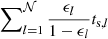 Mathematical equation: $ \sum\nolimits_{l=1}^{\mathcal{N}} \frac{\epsilon_l}{1-\epsilon_l} t_{\mathrm{s},l} $