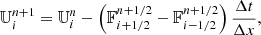Mathematical equation: $$ \begin{aligned} \mathbb{U} ^{n+1}_i = \mathbb{U} ^n_i - \left(\mathbb{F} ^{n+1/2}_{i+1/2}-\mathbb{F} ^{n+1/2}_{i-1/2}\right) \frac{\Delta t}{\Delta x}, \end{aligned} $$