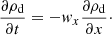 Mathematical equation: $$ \begin{aligned} \frac{\partial \rho _{\mathrm{d} }}{\partial t} = - { w}_x \frac{\partial \rho _{\mathrm{d} }}{\partial x}\cdot \end{aligned} $$