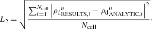 Mathematical equation: $$ \begin{aligned} L_{2}= \sqrt{\frac{\sum _{i=1}^{N_{\mathrm{cell} }}\left|{{\rho _{\mathrm{d} }}_{\mathrm{RESULTS} ,i}^n}-{{\rho _{\mathrm{d} }}_{\mathrm{ANALYTIC} ,i}^n}\right|^2}{N_{\mathrm{cell} }}}\cdot \end{aligned} $$