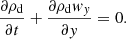 Mathematical equation: $$ \begin{aligned} \frac{\partial \rho _{\mathrm{d} } }{\partial t}+\frac{\partial \rho _{\mathrm{d} } { w}_{ y} }{\partial { y}} = 0. \end{aligned} $$