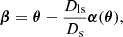 Mathematical equation: $$ \begin{aligned} {\boldsymbol{\beta }} = {\boldsymbol{\theta }} -\frac{D_{\rm ls}}{D_{\rm s}} {\boldsymbol{\alpha }}({\boldsymbol{\theta }}), \end{aligned} $$