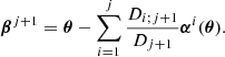 Mathematical equation: $$ \begin{aligned} {\boldsymbol{\beta }}^{j+1} = {\boldsymbol{\theta }} -\sum ^{j}_{i=1} \frac{D_{i;j+1}}{D_{j+1}} {\boldsymbol{\alpha }}^i ({\boldsymbol{\theta }}).\end{aligned} $$