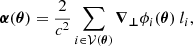 Mathematical equation: $$ \begin{aligned} {\boldsymbol{\alpha }} ({\boldsymbol{\theta }})= \frac{2}{c^2} \sum _{i \in \mathcal{V} ({\boldsymbol{\theta }})} {\boldsymbol{\nabla }}_{\boldsymbol{\perp }}\phi _i ({\boldsymbol{\theta }}) \ l_i, \end{aligned} $$
