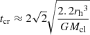 Mathematical equation: $$ \begin{aligned} {t_\mathrm{cr} } \approx 2 \sqrt{2} \sqrt{\frac{2.2 {r_\mathrm{h} }^3}{G {M_\mathrm{cl} }}} \end{aligned} $$