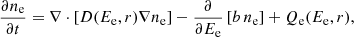 Mathematical equation: $$ \begin{aligned} \frac{\partial n_{\rm e}}{\partial t} = \nabla \cdot \left[D(E_{\rm e}, r)\nabla n_{\rm e} \right] - \frac{\partial }{\partial E_{\rm e}} \left[b \, n_{\rm e}\right] + Q_{\rm e}(E_{\rm e}, r), \end{aligned} $$