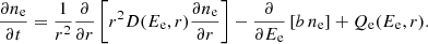 Mathematical equation: $$ \begin{aligned} \frac{\partial n_{\rm e}}{\partial t} = \frac{1}{r^2} \frac{\partial }{\partial r} \left[r^2 D(E_{\rm e}, r) \frac{\partial n_{\rm e}}{\partial r} \right] - \frac{\partial }{\partial E_{\rm e}} \left[b \, n_{\rm e}\right] + Q_{\rm e}(E_{\rm e}, r). \end{aligned} $$