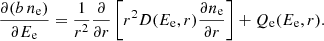 Mathematical equation: $$ \begin{aligned} \frac{\partial (b \, n_{\rm e})}{\partial E_{\rm e}} = \frac{1}{r^2} \frac{\partial }{\partial r} \left[r^2 D(E_{\rm e}, r) \frac{\partial n_{\rm e}}{\partial r} \right] + Q_{\rm e}(E_{\rm e}, r). \end{aligned} $$